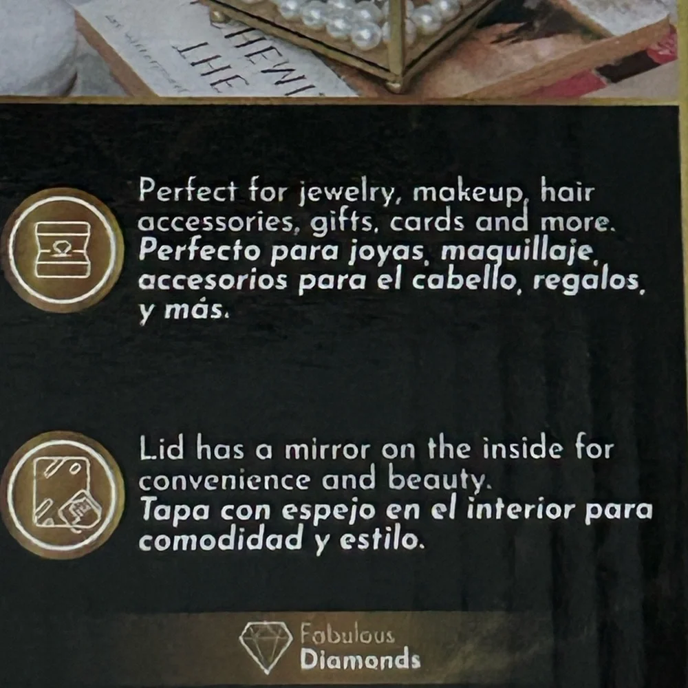 Fabulous Diamond Gold and Glass Jewelry Trinket Box Mirror 4” x 4” x 2.5” NEW